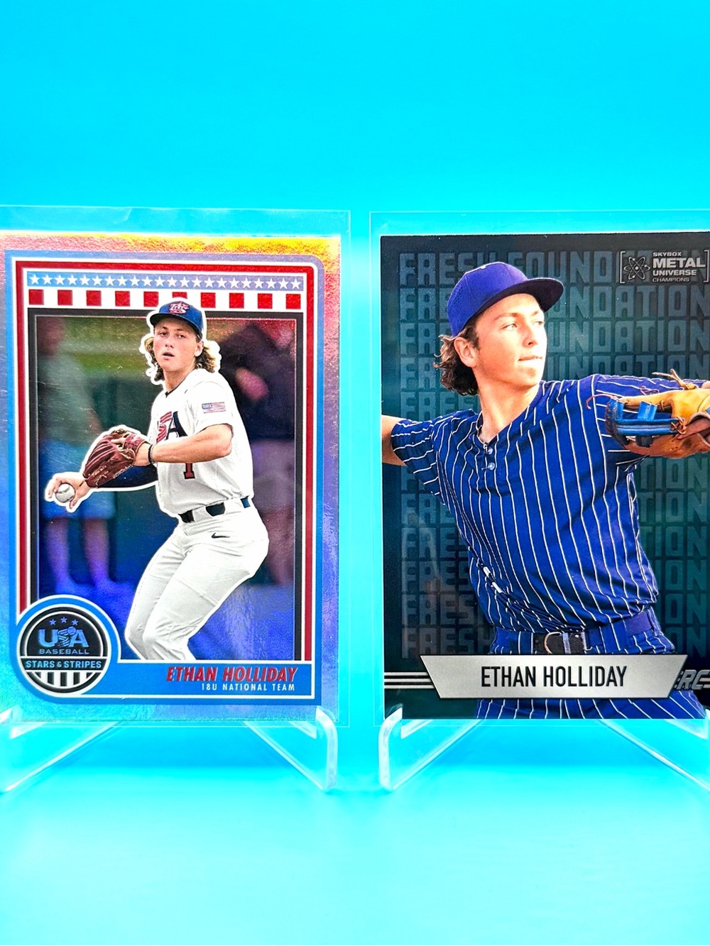 🔥Ethan Holliday Lot! Silver Stars & Stripes Pre Rookie + Aqua Blue Skybox RC!